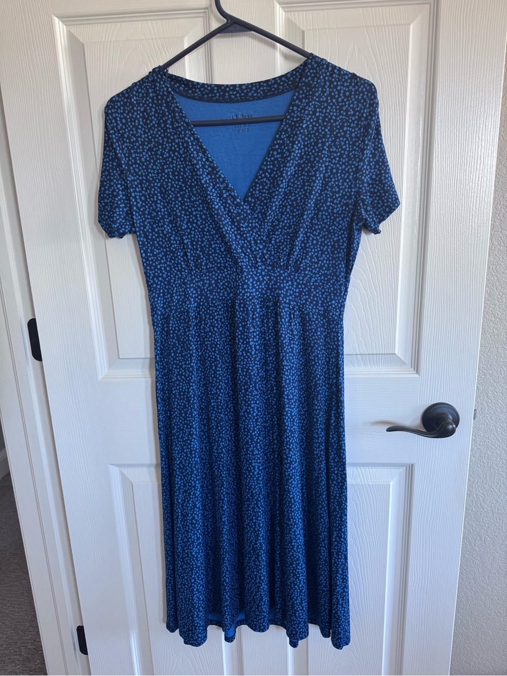 L.L. Bean Navy Blue Small patterned Wrap-Style below knee Dress